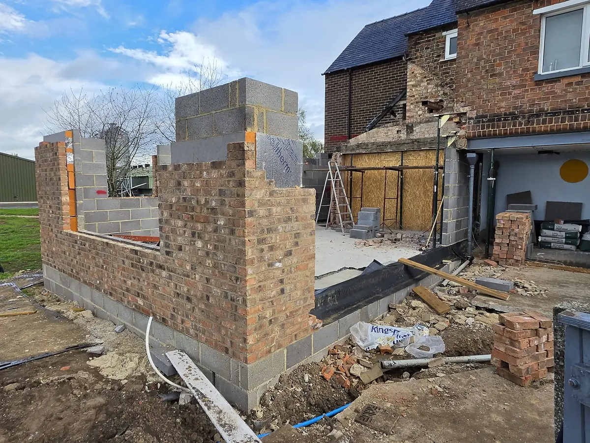 Brick and block walls of the new extension at Crakehill Farm