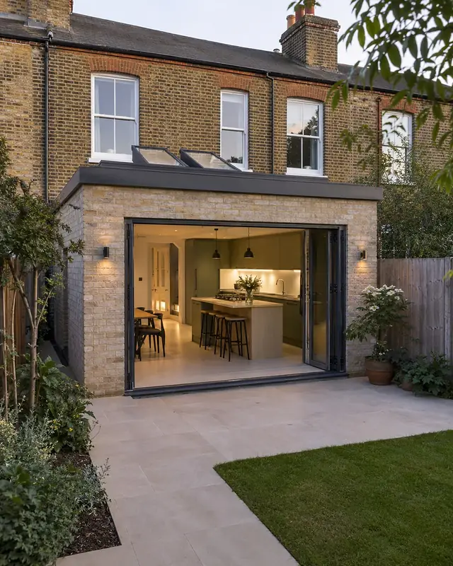 Brick rear extension with folding doors at dusk