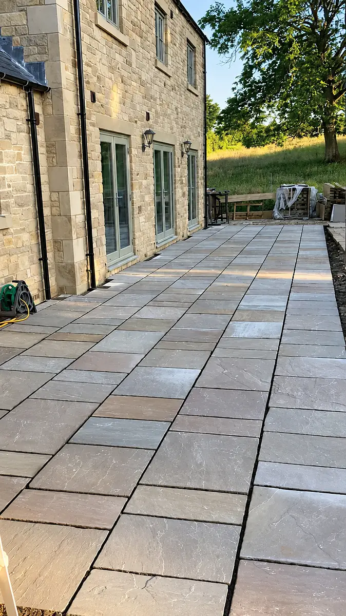 Indian sandstone patio along a stone new build