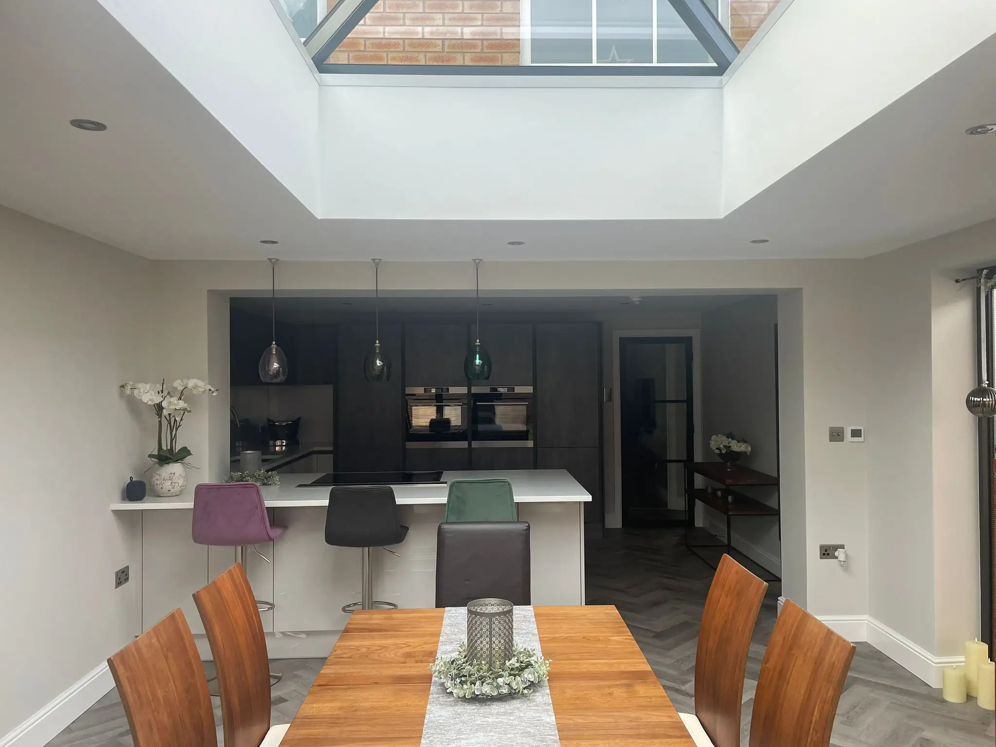 Kitchen diner under a roof lantern