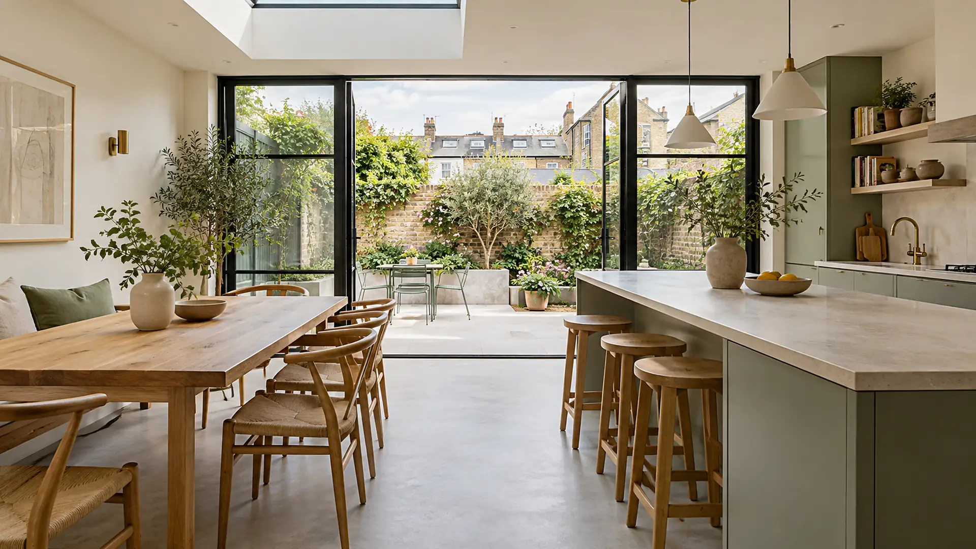 Kitchen extension with a rooflight and steel framed doors built by our team