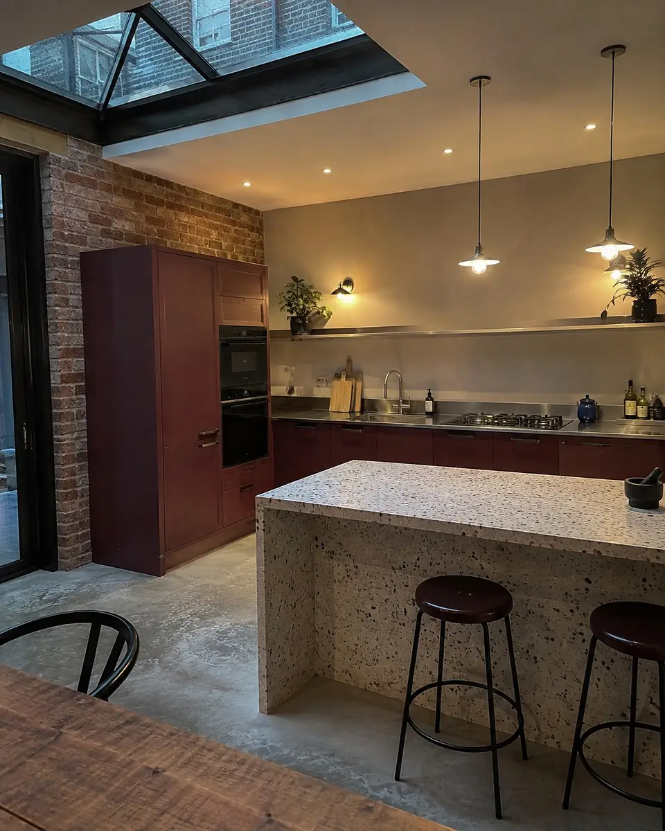 Red kitchen with a terrazzo island under a glazed roof