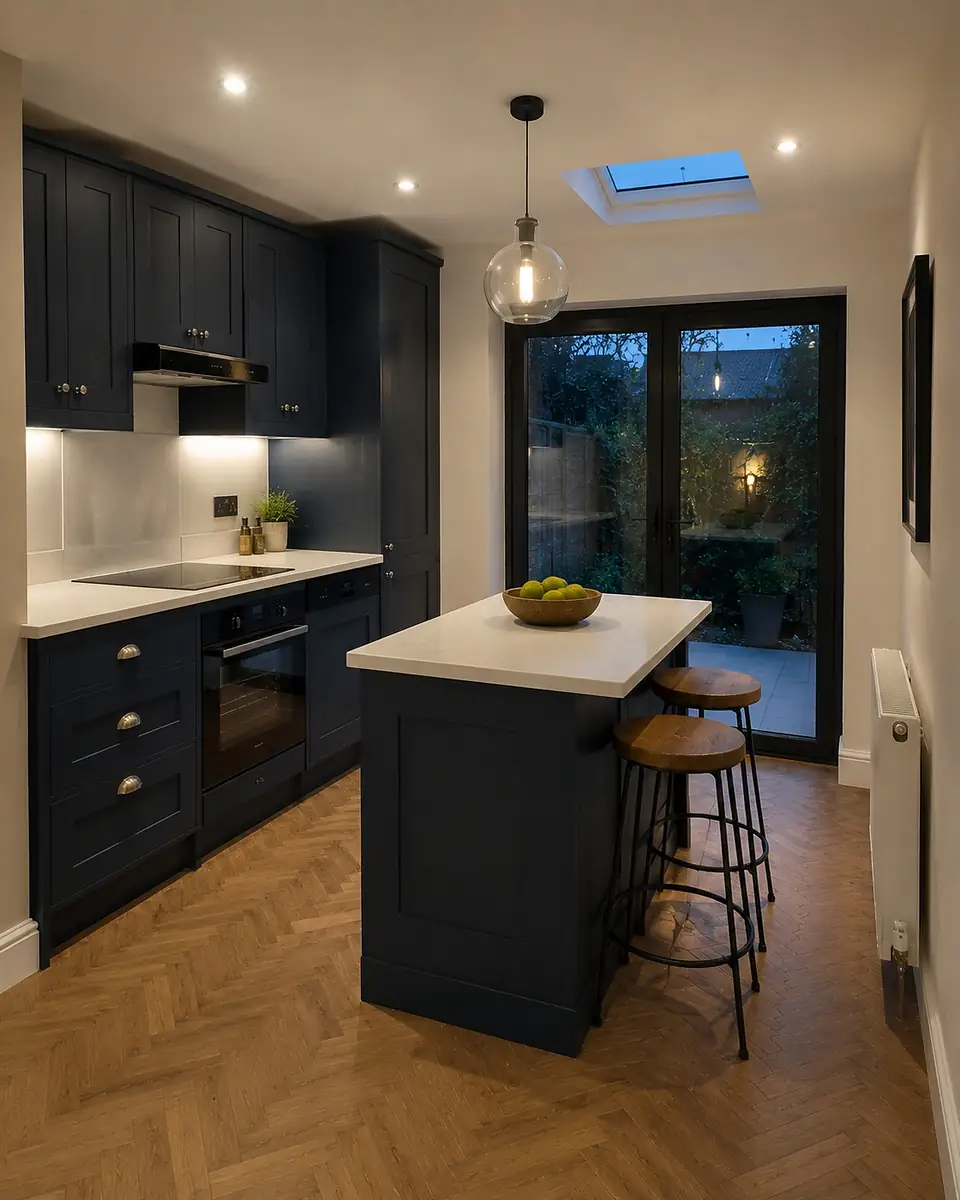 Navy shaker kitchen with a small island