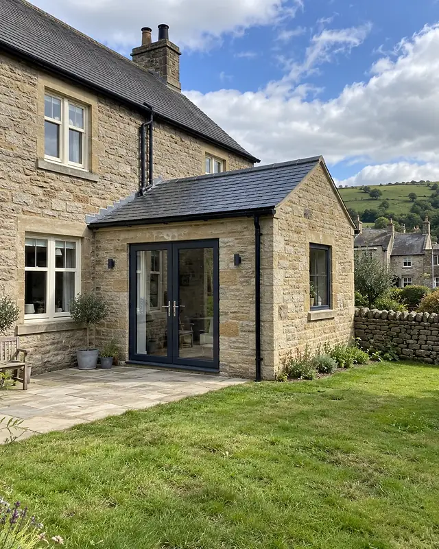 Single storey stone extension with French doors