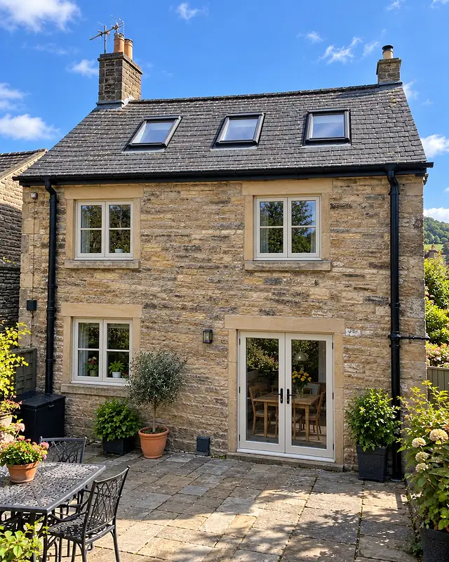 Stone cottage with three rooflights in the roof
