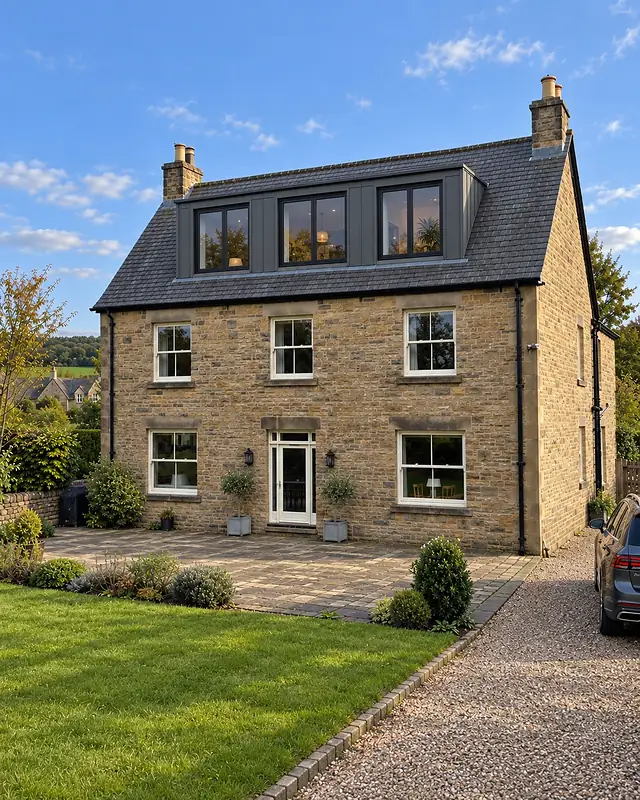 Stone house with a dormer in a slate roof