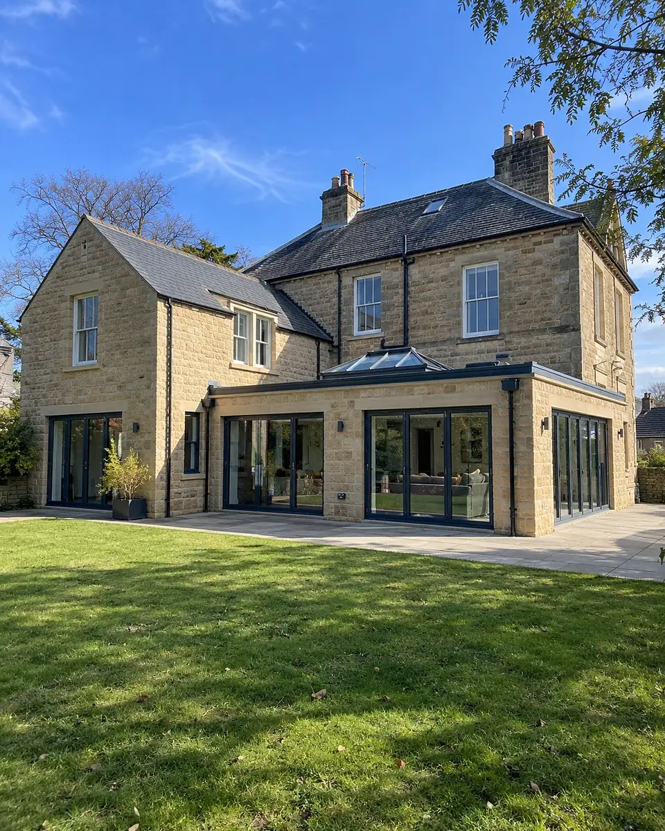 Stone house with a wraparound glazed extension