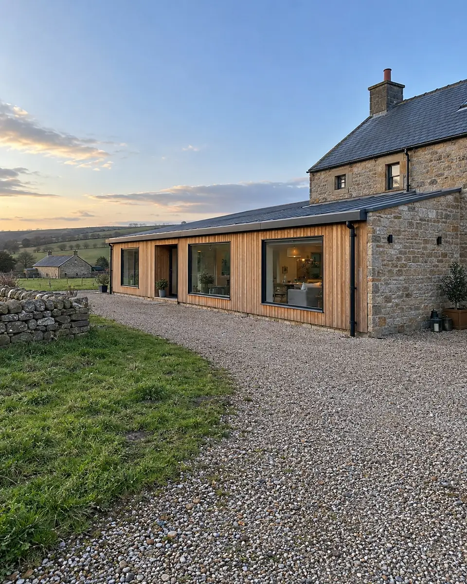 Timber clad extension on a stone farmhouse