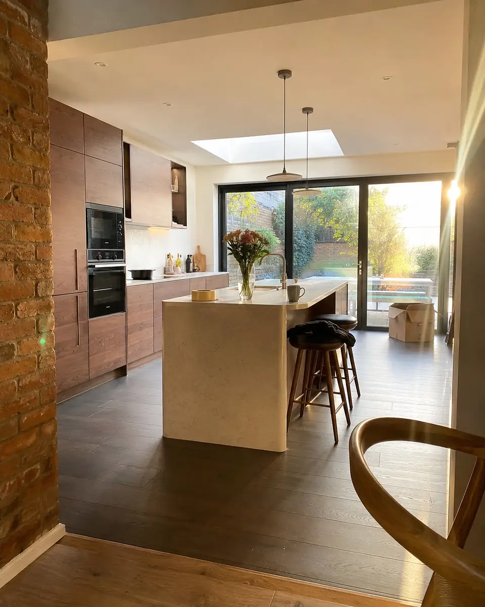 Walnut kitchen with a stone island
